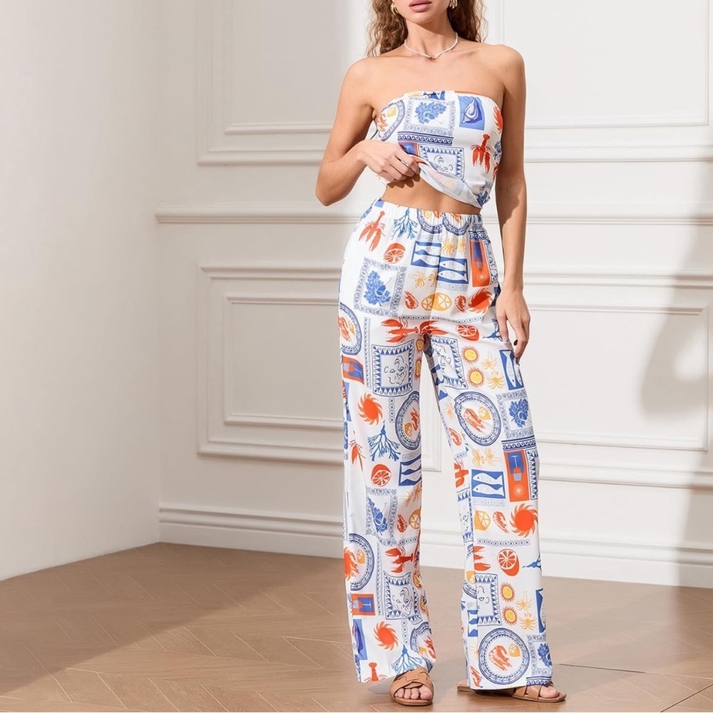 NWOT Mediterranean Print Tie-Back Scarf Top & Wide-Leg Trouser Set - Picture 4 of 7
